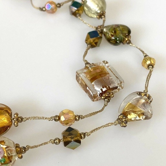 Necklace Amber Floral Lampwork Glass Beaded Necklace Pretty Bohemian Chic 30” - Picture 2 of 12